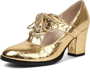 KysBloes Women Chunky Heel Oxford Shoes Lace Up Closed Toe Vintage Saddle Shoes Metallic Glitter Mid Heel Cut Out Booties