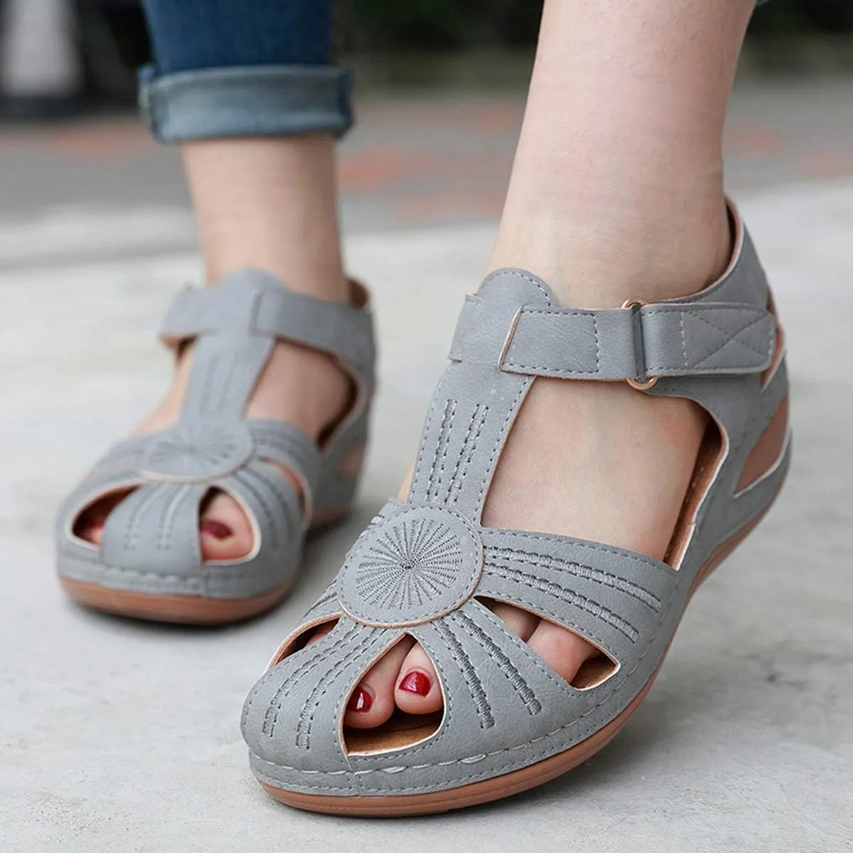 Ladies Sandals Flip Flops Slides for Women Summer Wedge Platform Hollow Post Toe Thongs Shoes with Adjustable Ankle Strap Size 6.5-11.5 US