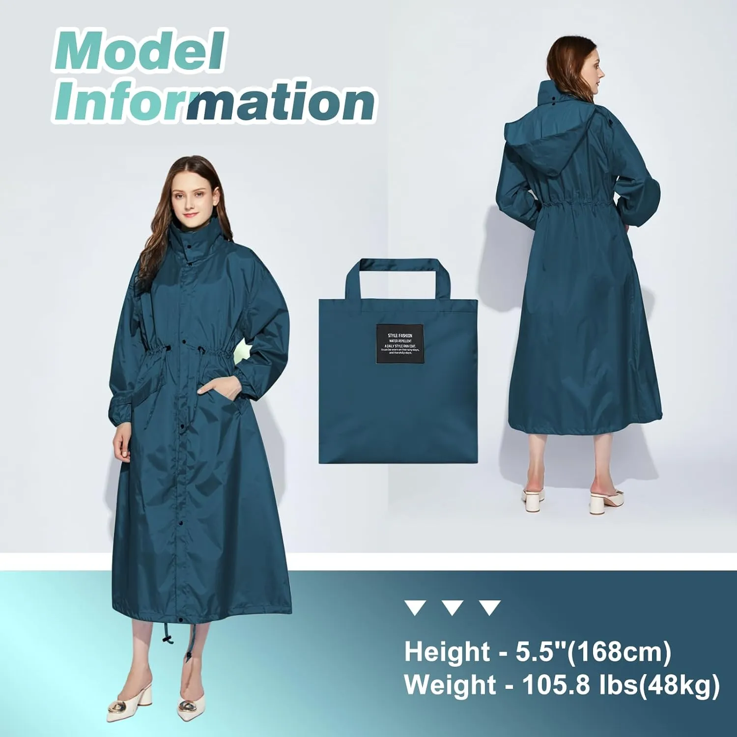 LAMA Womens Long Raincoats Rain Jacket Waterproof Packable Hooded Windbreaker Lightweight Adjustable Waist for Outdoor