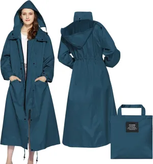 LAMA Womens Long Raincoats Rain Jacket Waterproof Packable Hooded Windbreaker Lightweight Adjustable Waist for Outdoor