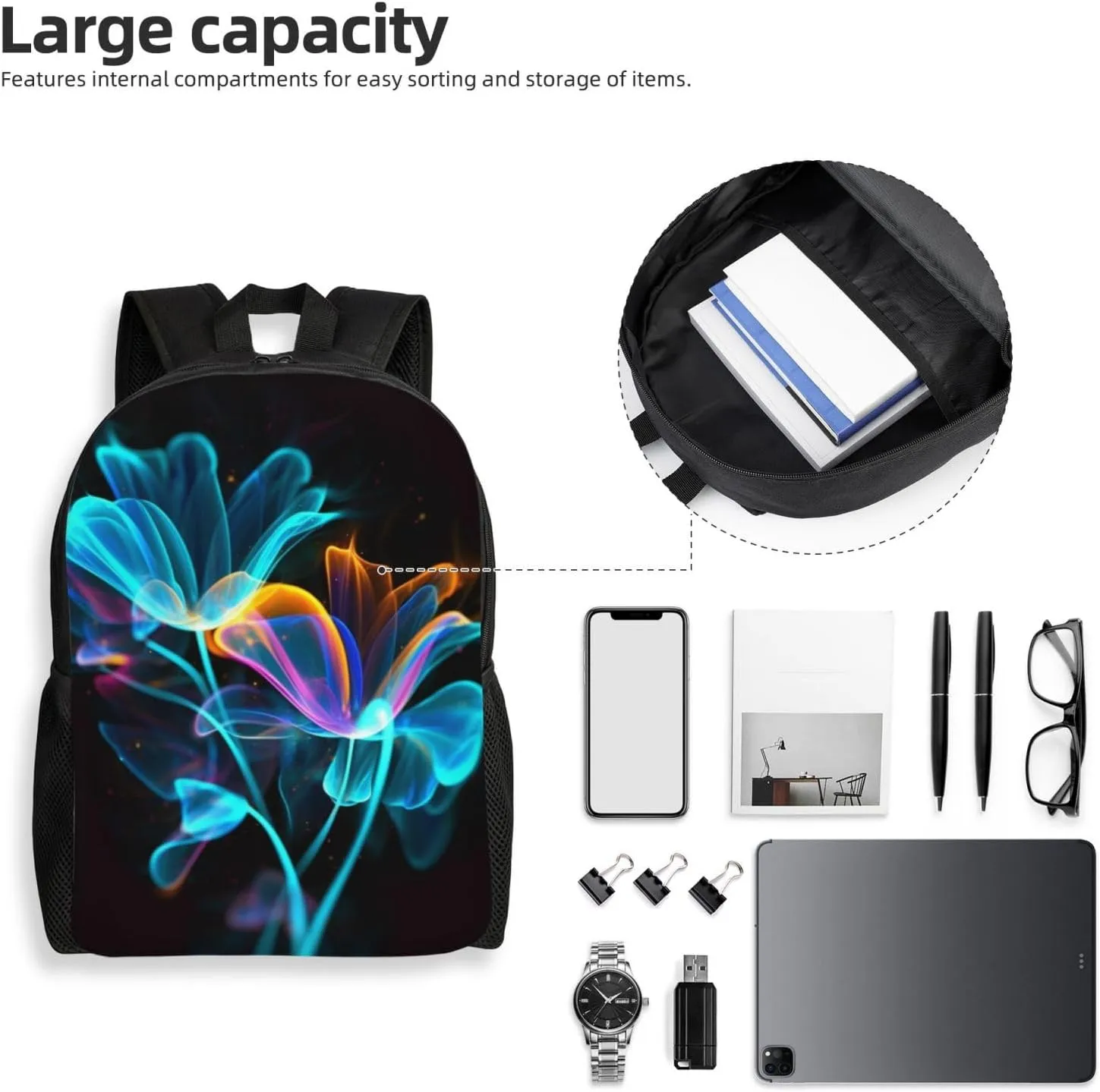 Laptop Backpack 16.1 Inch with Compartment Neon Flowers Laptop Bag Lightweight Casual Daypack for Travel