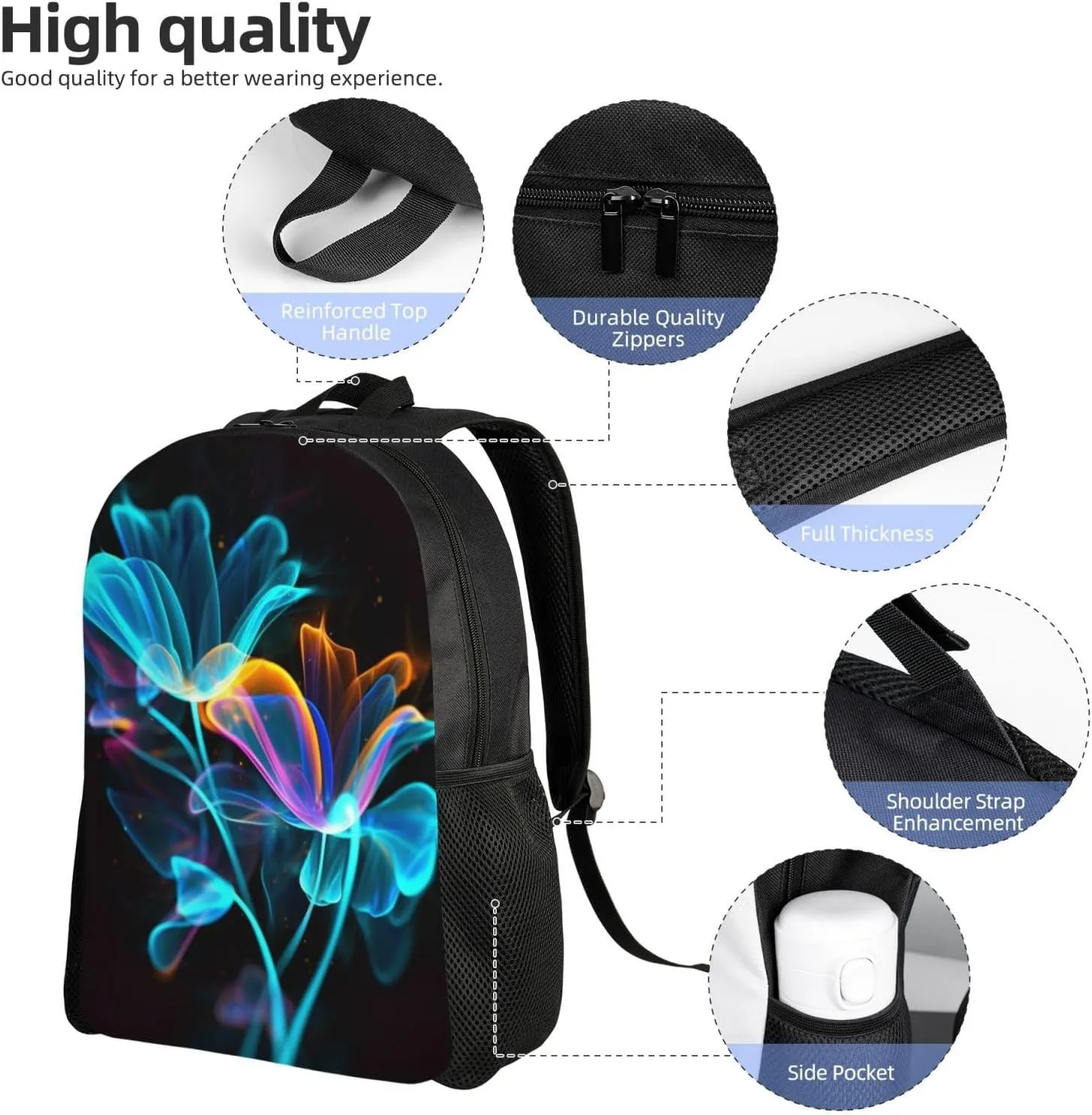 Laptop Backpack 16.1 Inch with Compartment Neon Flowers Laptop Bag Lightweight Casual Daypack for Travel