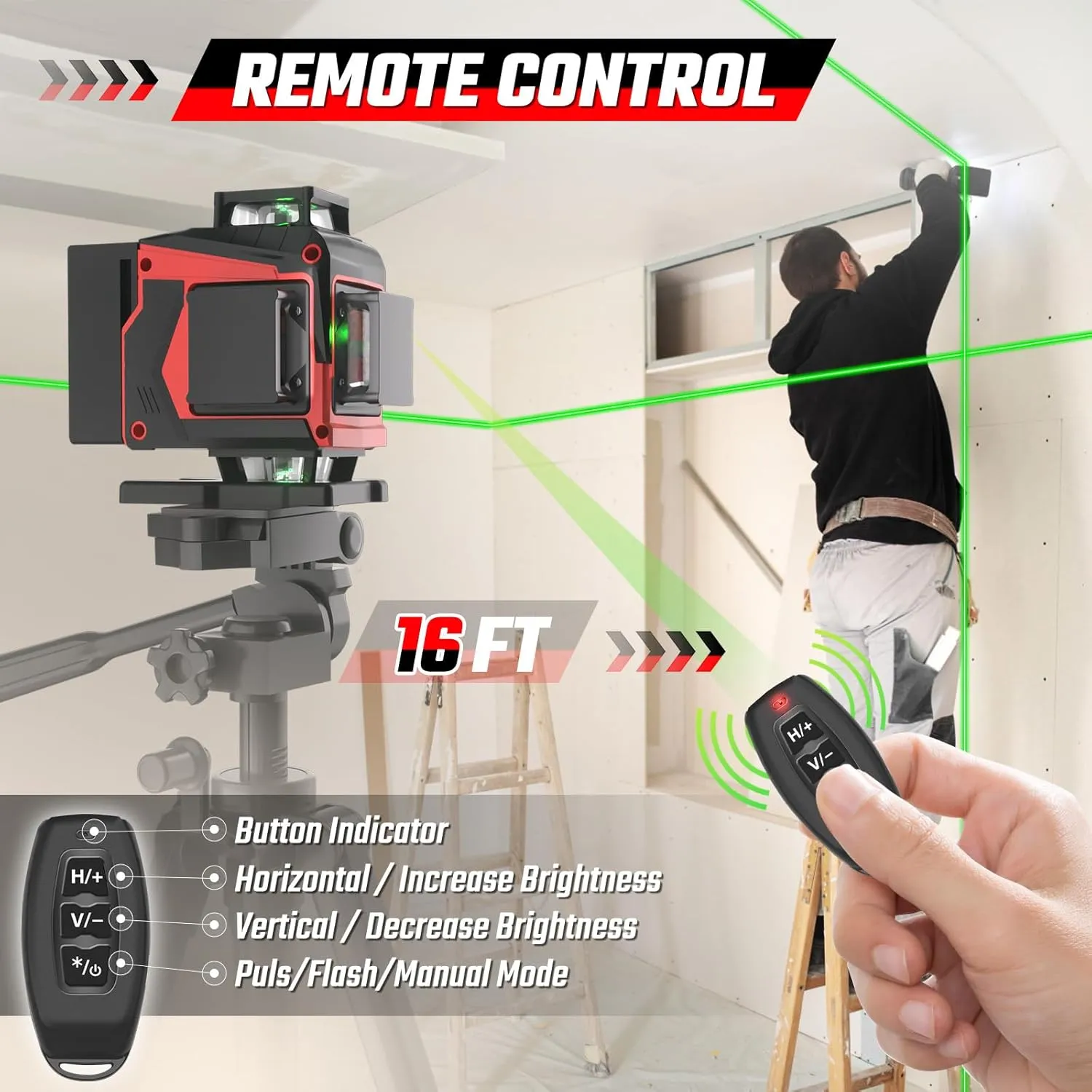 Laser Level with Tripod, 4x360° Green Line Laser Tool with Self-Leveling & Manuel Models, Remote/Touch Control, Rechargeable Battery for Picture Hanging, Tile, Home Renovation (Bag Included)