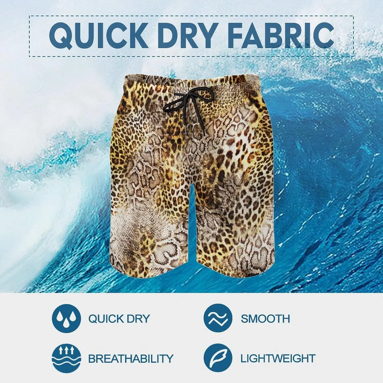 Leopard Skin with Snake Texture Men's Beach Pants Casual Elastic Waist Drawstring Summer Beach Shorts with Pockets