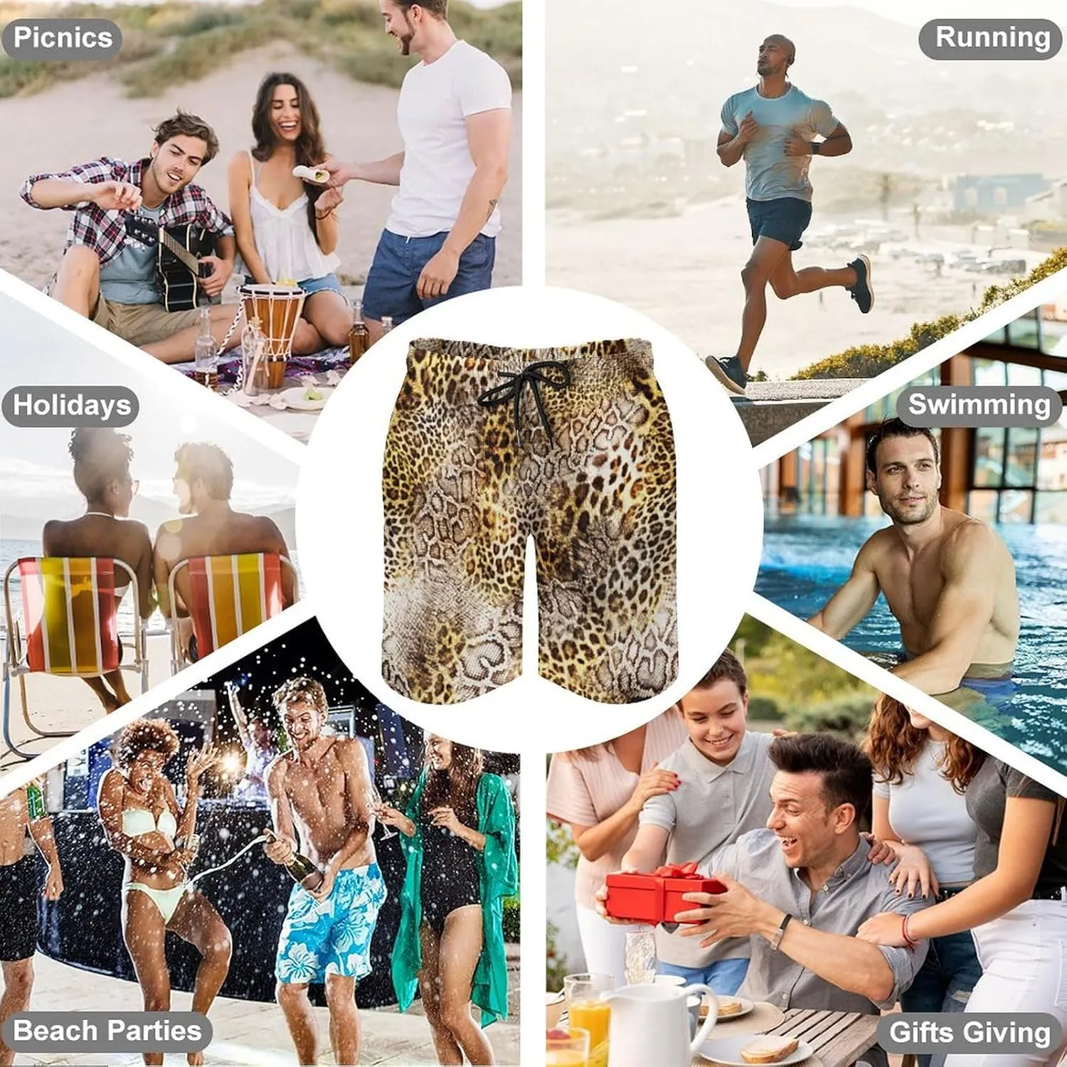 Leopard Skin with Snake Texture Men's Beach Pants Casual Elastic Waist Drawstring Summer Beach Shorts with Pockets
