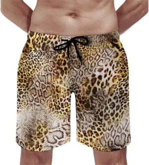 Leopard Skin with Snake Texture Men's Beach Pants Casual Elastic Waist Drawstring Summer Beach Shorts with Pockets