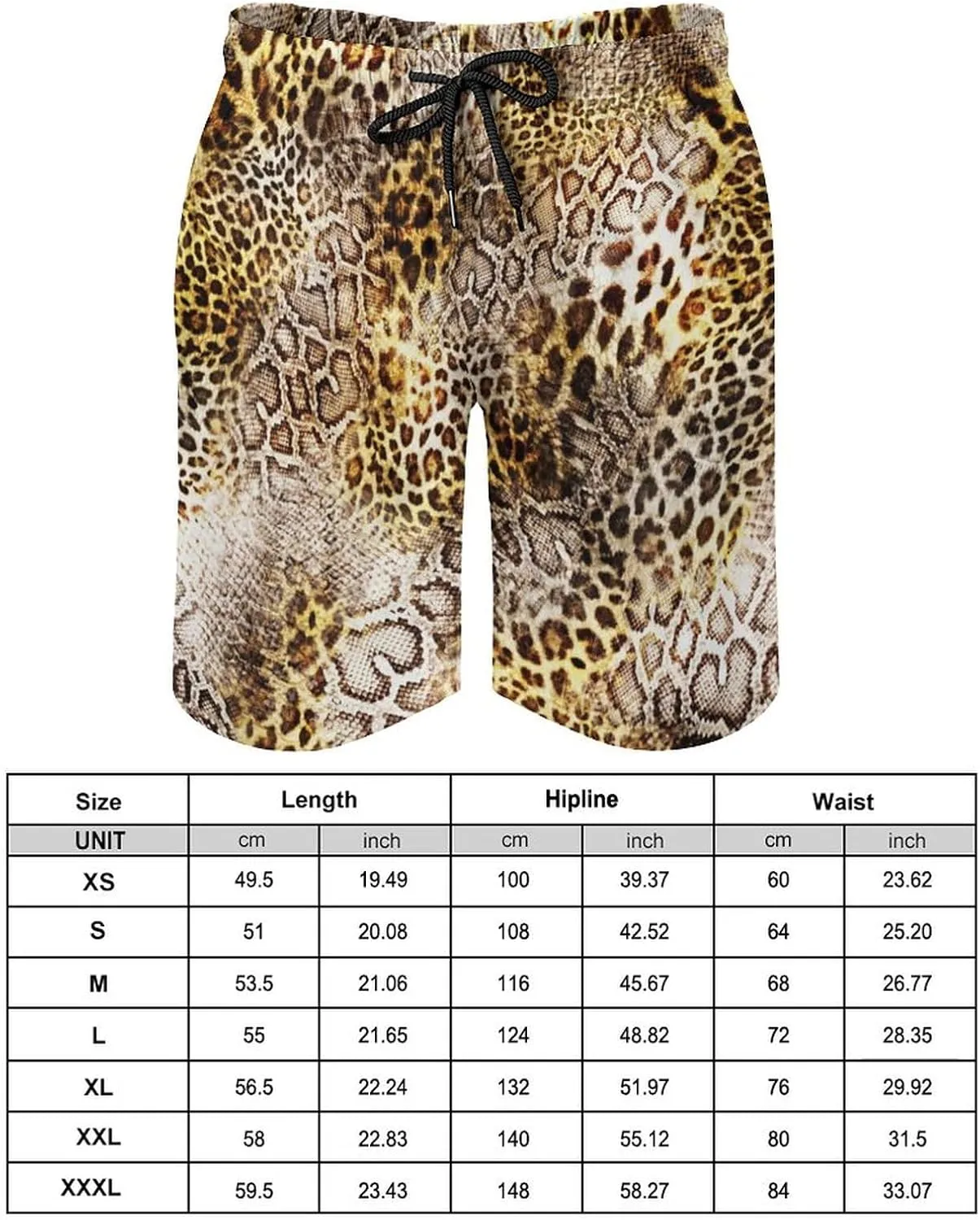 Leopard Skin with Snake Texture Men's Beach Pants Casual Elastic Waist Drawstring Summer Beach Shorts with Pockets