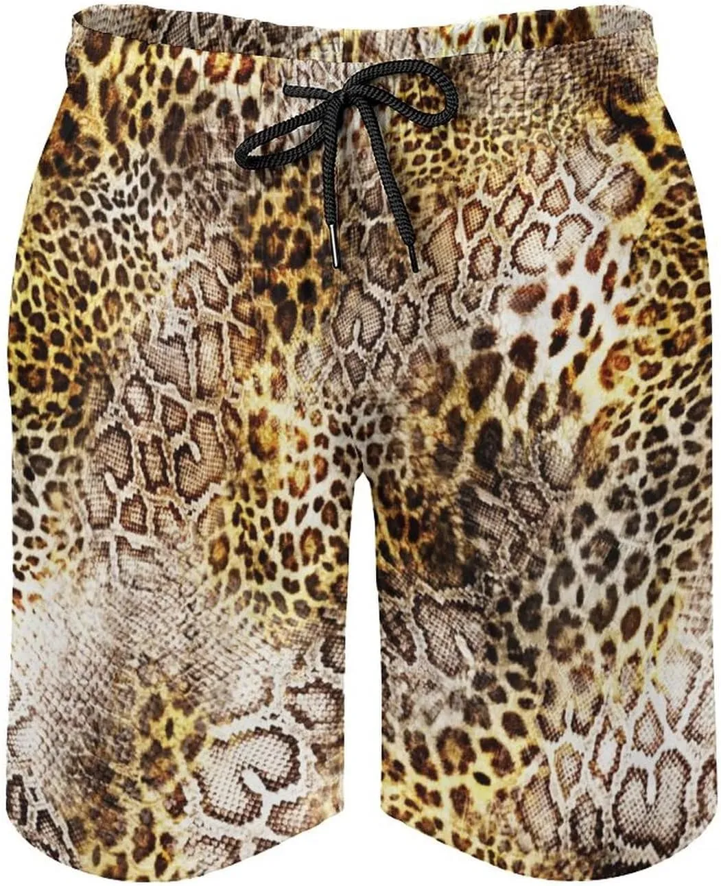 Leopard Skin with Snake Texture Men's Beach Pants Casual Elastic Waist Drawstring Summer Beach Shorts with Pockets