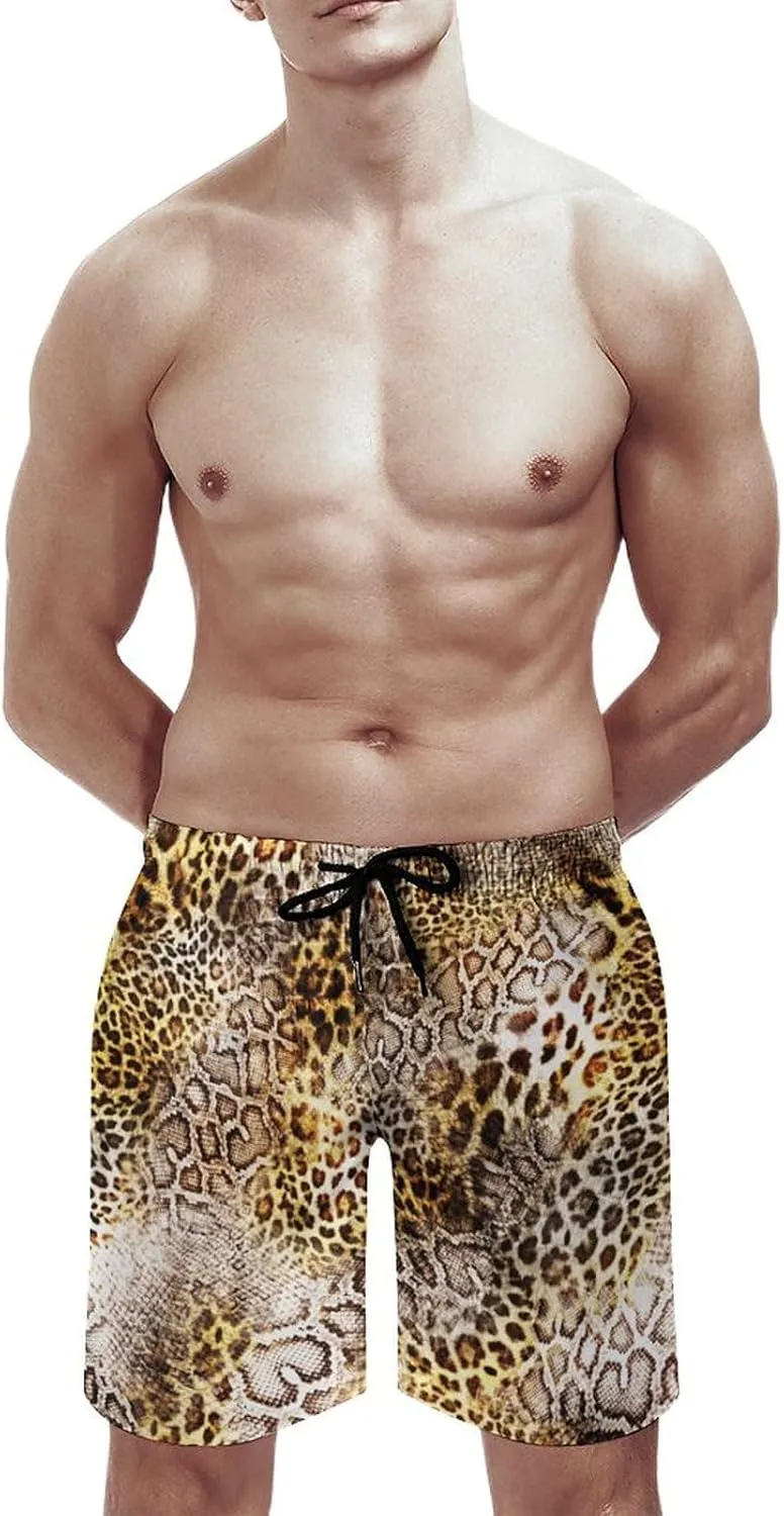 Leopard Skin with Snake Texture Men's Beach Pants Casual Elastic Waist Drawstring Summer Beach Shorts with Pockets