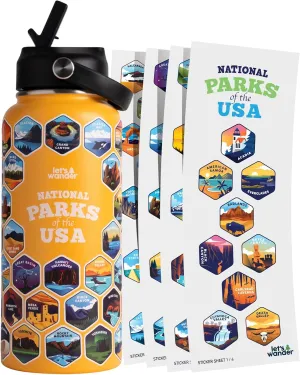 LET'S WANDER National Parks Water Bottle with 63 Waterproof Stickers - 32oz Leakproof Insulated Stainless Steel with Straw - USA Hiker Gift Bottle (Orange)