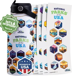 LET'S WANDER Original National Parks Water Bottle with 63 Waterproof Stickers - 32oz Leakproof Insulated Stainless Steel with Straw - USA Hiker Gift Bottle (White)