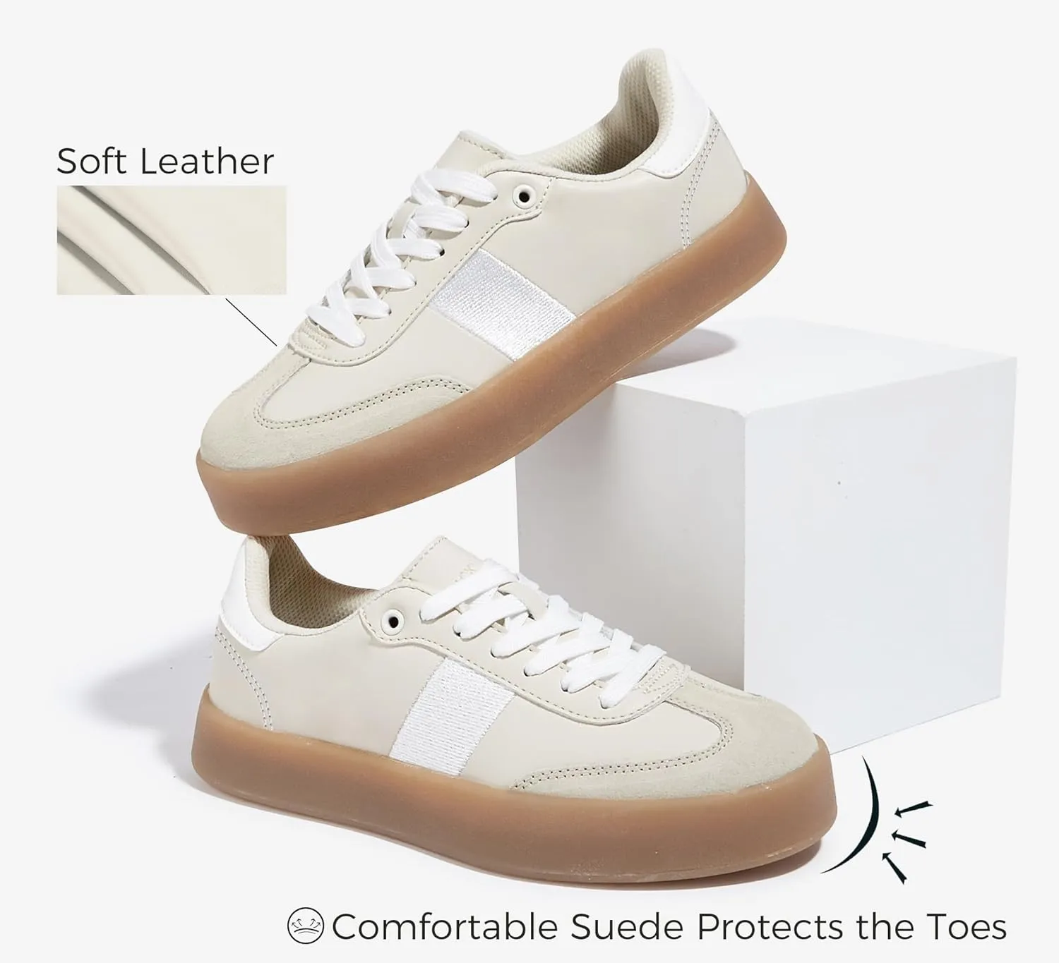 LUCKY STEP Women's Retro Sneakers Fashion Classic Casual Tennis Platform Gum Sole Anti Slip Footwear Faux Leather Trainers Walking Skate Shoes