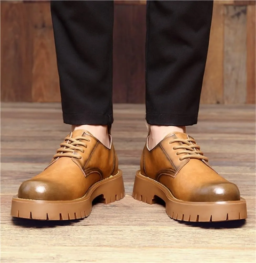 Lug Sole Business Casual Formal Work Shoes Oxfords Round Toe Chunky Heel Comfortable Lace Up Height-Increasing Shoes