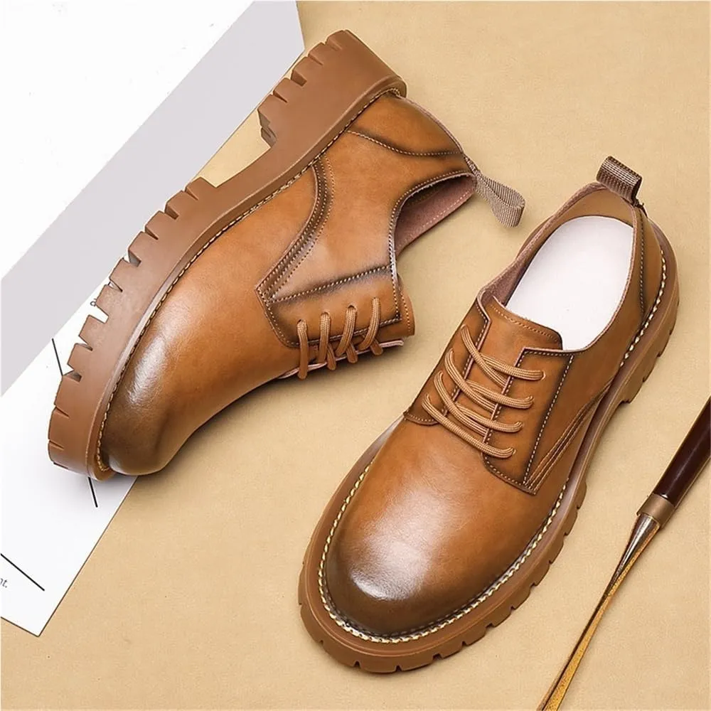 Lug Sole Business Casual Formal Work Shoes Oxfords Round Toe Chunky Heel Comfortable Lace Up Height-Increasing Shoes