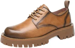 Lug Sole Business Casual Formal Work Shoes Oxfords Round Toe Chunky Heel Comfortable Lace Up Height-Increasing Shoes