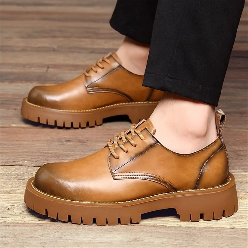 Lug Sole Business Casual Formal Work Shoes Oxfords Round Toe Chunky Heel Comfortable Lace Up Height-Increasing Shoes