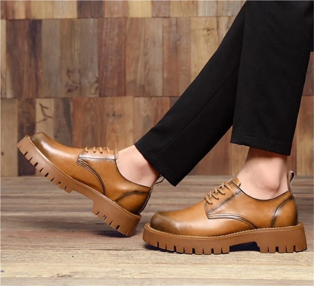 Lug Sole Business Casual Formal Work Shoes Oxfords Round Toe Chunky Heel Comfortable Lace Up Height-Increasing Shoes