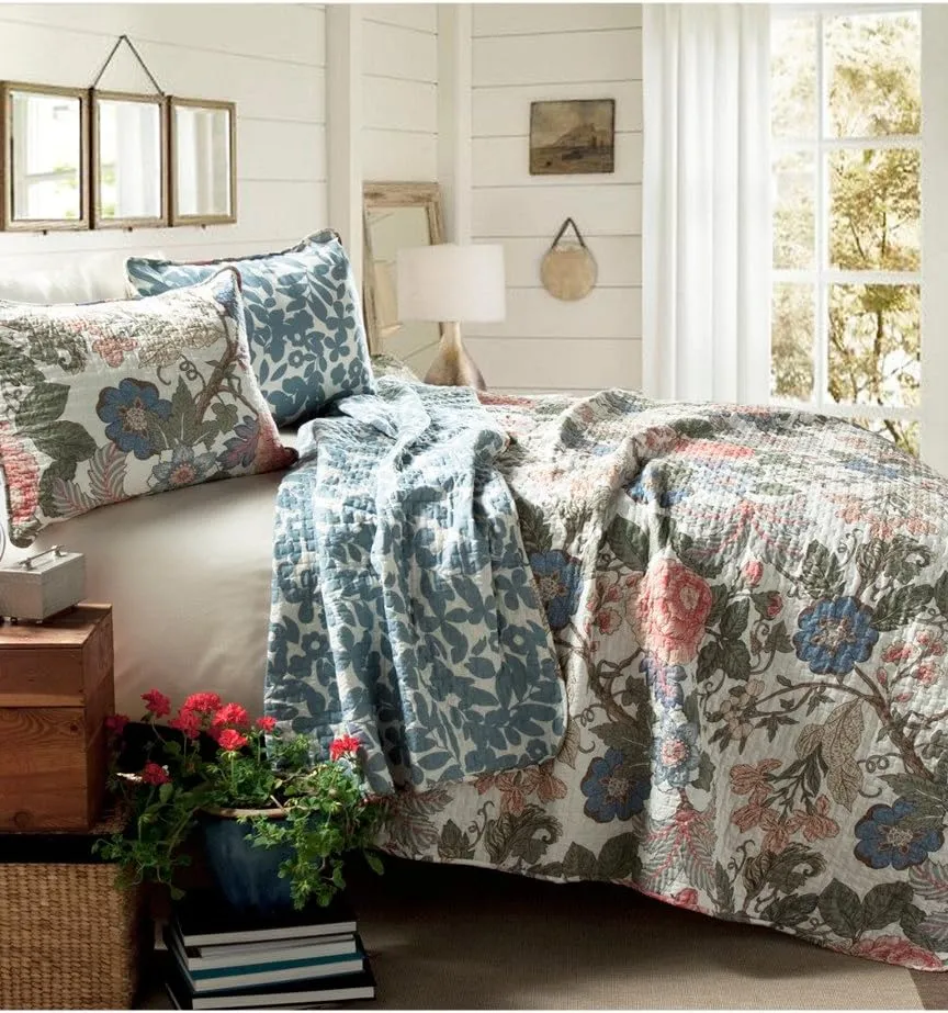 Lush Decor Floral Leaf Sydney 3-Piece Quilt Set, Reversible Bedding (Full/Queen)