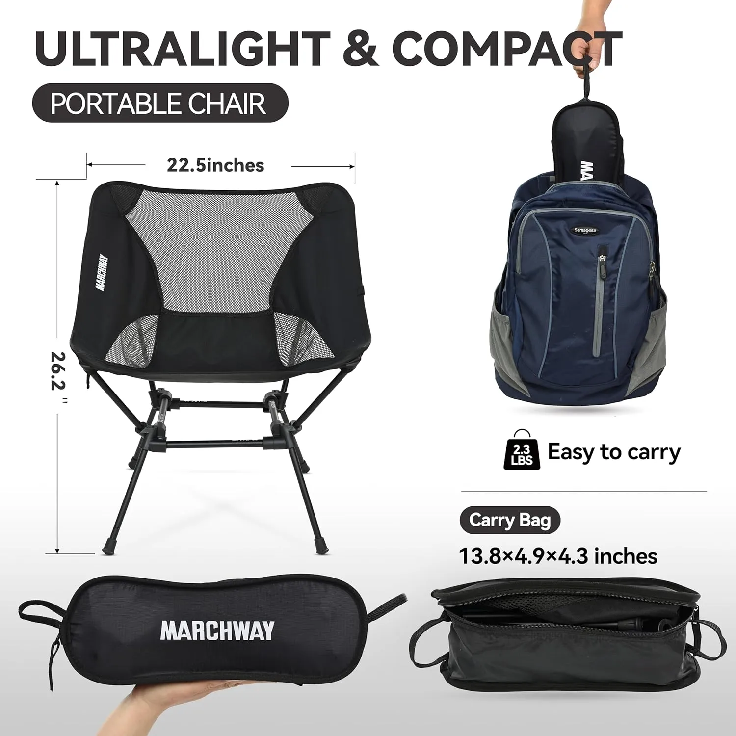 MARCHWAY Ultralight Folding Camping Chair, Heavy Duty Portable Compact for Outdoor Camp, Travel, Beach, Picnic, Festival, Hiking, Lightweight Backpacking (Black)