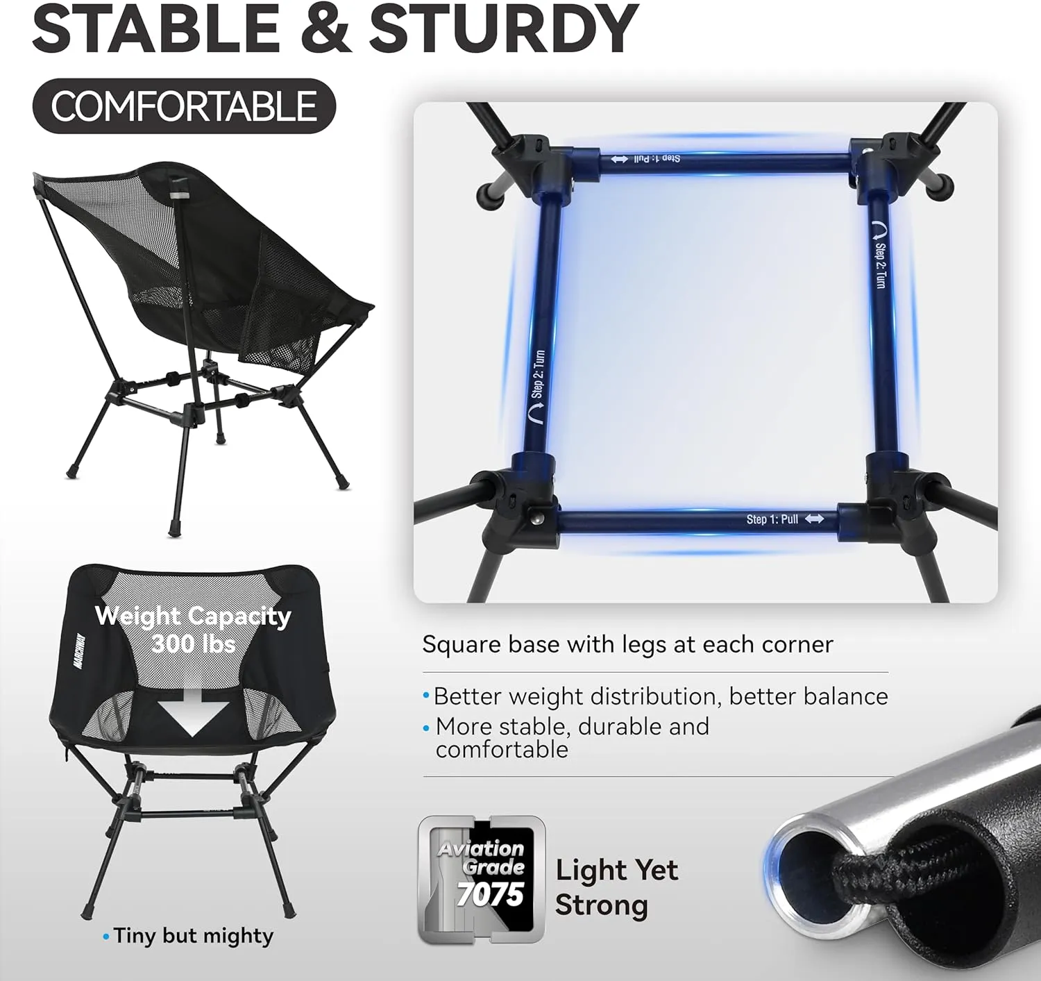 MARCHWAY Ultralight Folding Camping Chair, Heavy Duty Portable Compact for Outdoor Camp, Travel, Beach, Picnic, Festival, Hiking, Lightweight Backpacking (Black)