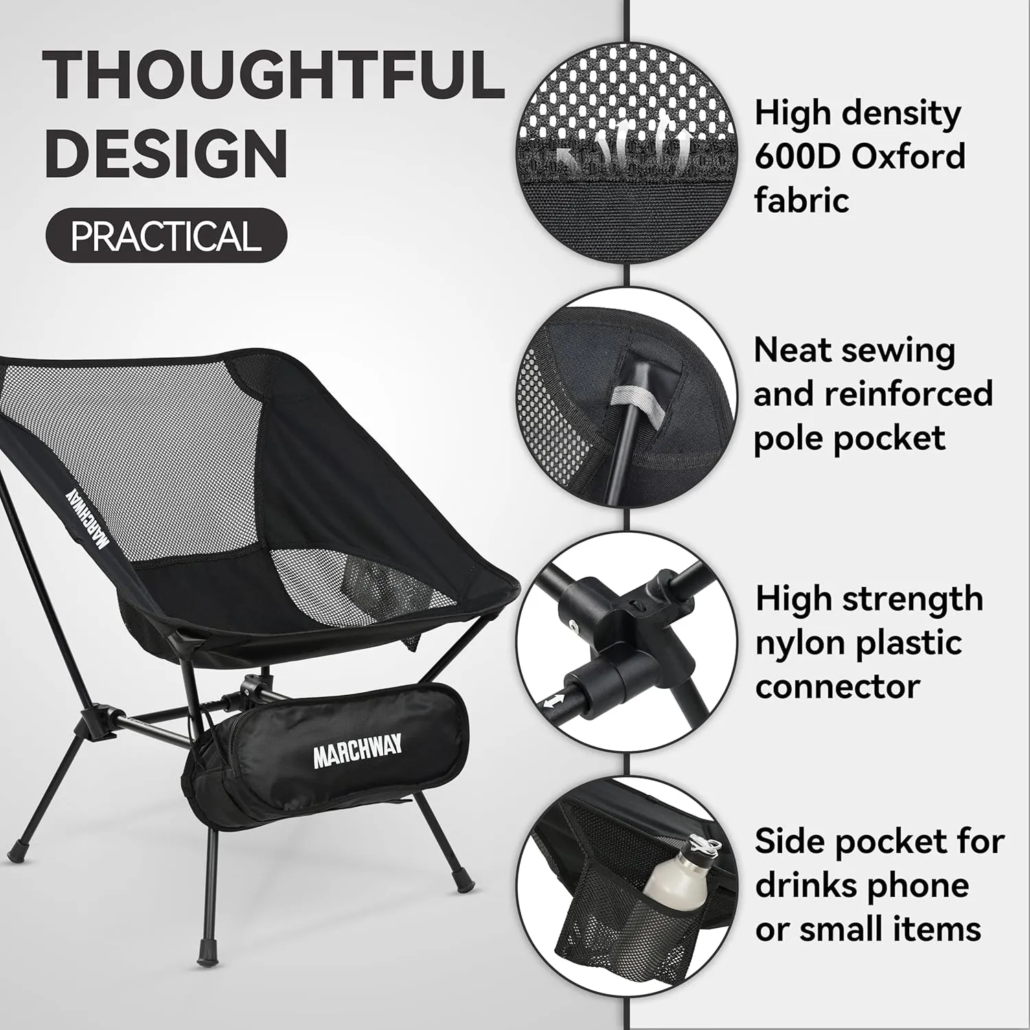 MARCHWAY Ultralight Folding Camping Chair, Heavy Duty Portable Compact for Outdoor Camp, Travel, Beach, Picnic, Festival, Hiking, Lightweight Backpacking (Black)