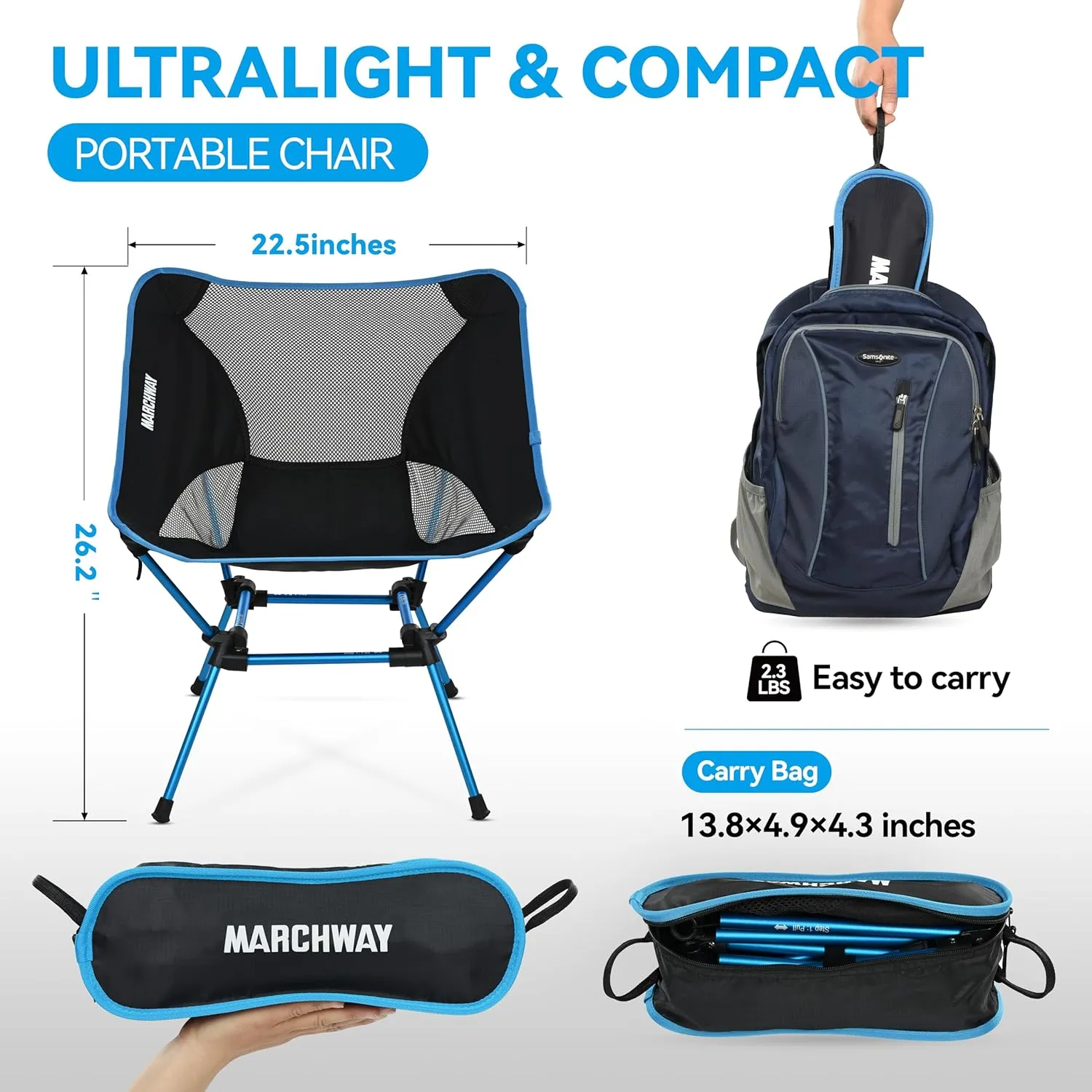 MARCHWAY Ultralight Folding Camping Chair, Heavy Duty Portable Compact for Outdoor Camp, Travel, Beach, Picnic, Festival, Hiking, Lightweight Backpacking (Sky Blue)