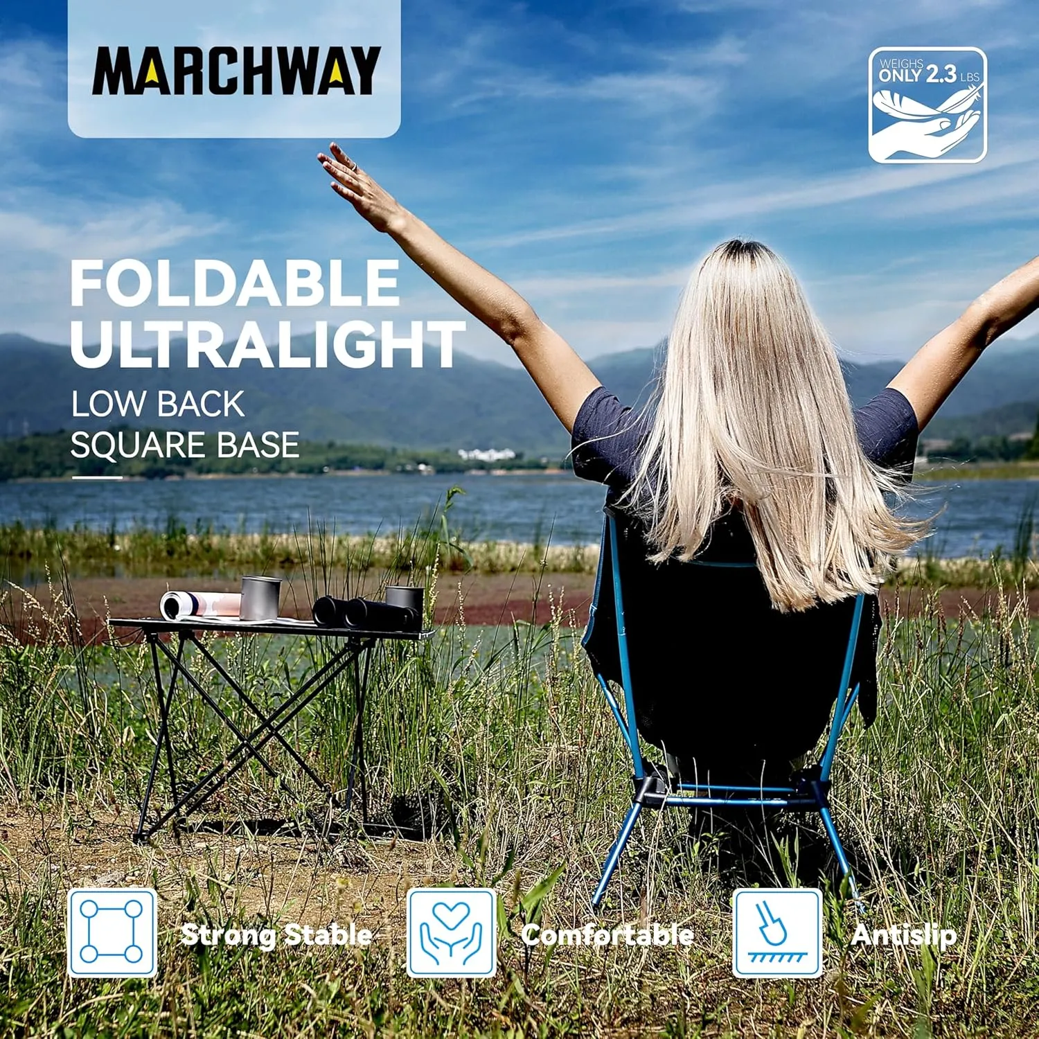 MARCHWAY Ultralight Folding Camping Chair, Heavy Duty Portable Compact for Outdoor Camp, Travel, Beach, Picnic, Festival, Hiking, Lightweight Backpacking (Sky Blue)