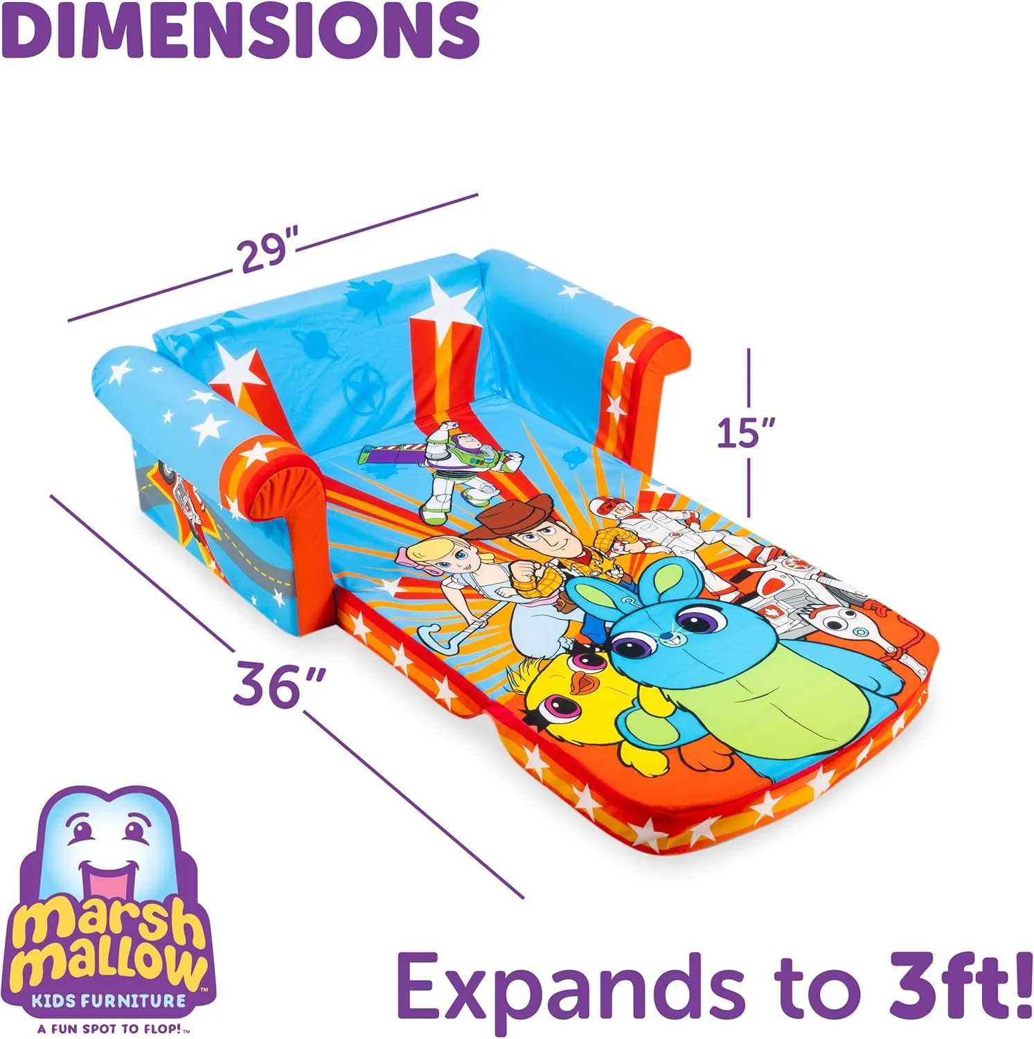 Marshmallow Furniture 2-in-1 Flip Open Foam Couch Bed Sleeper Sofa Kid's Furniture for Ages 18 Months and Up, Toy Story