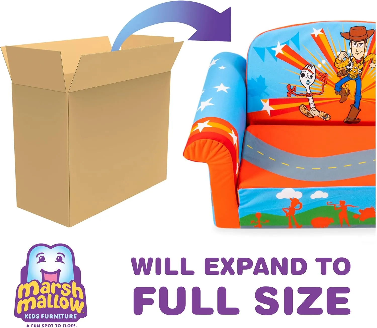 Marshmallow Furniture 2-in-1 Flip Open Foam Couch Bed Sleeper Sofa Kid's Furniture for Ages 18 Months and Up, Toy Story