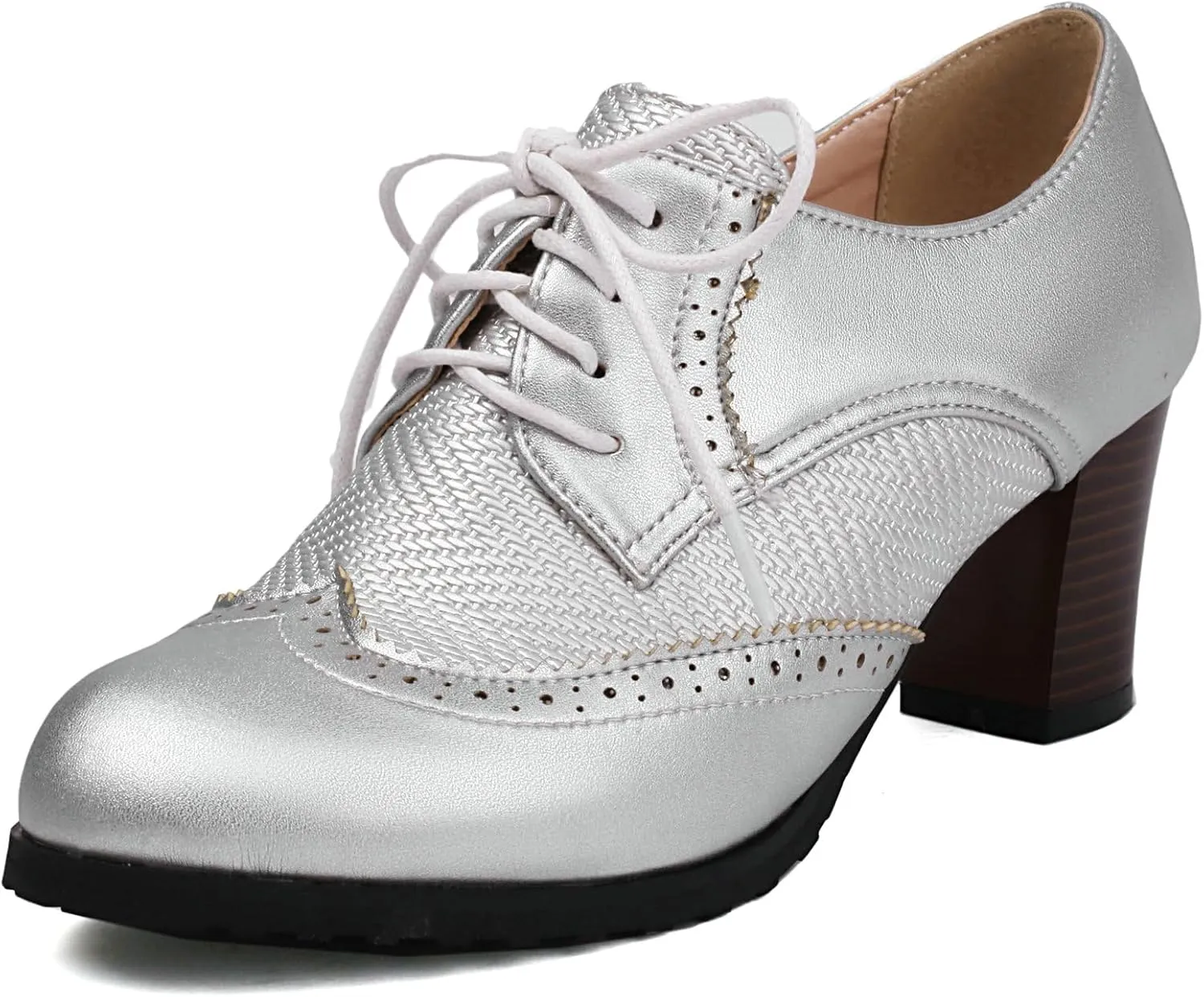 Meefit Women Lace Up Oxford Shoes Perforated Wingtip Shoes Chunky Heel Brogue Shoes,Round Toe Saddle Oxford Shoes