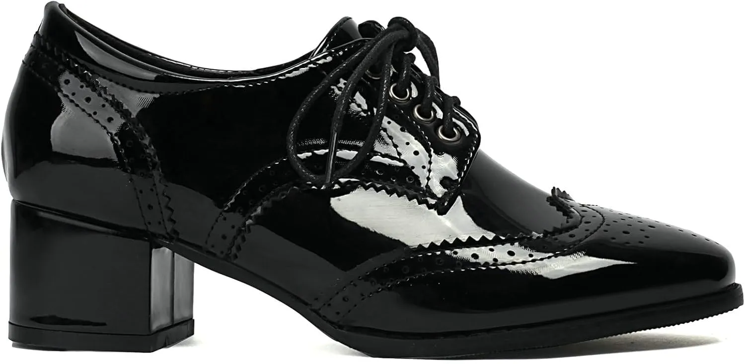 Meefit Women Lace Up Oxford Shoes Perforated Wingtip Shoes Chunky Heel Brogue Shoes,Round Toe Saddle Oxford Shoes