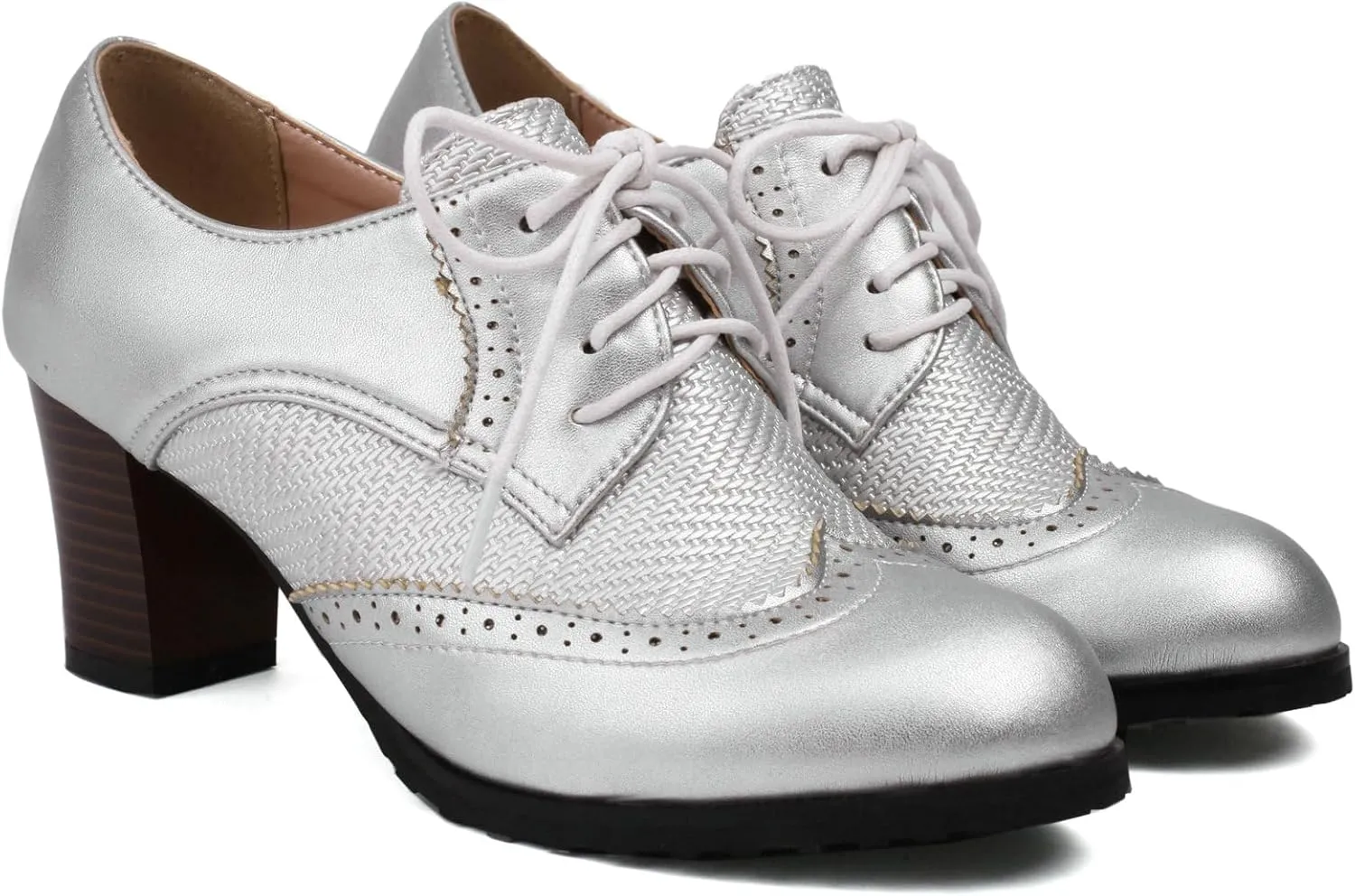 Meefit Women Lace Up Oxford Shoes Perforated Wingtip Shoes Chunky Heel Brogue Shoes,Round Toe Saddle Oxford Shoes