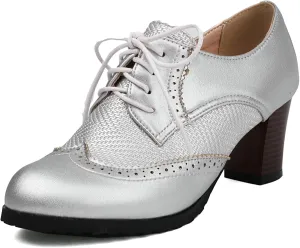 Meefit Women Lace Up Oxford Shoes Perforated Wingtip Shoes Chunky Heel Brogue Shoes,Round Toe Saddle Oxford Shoes
