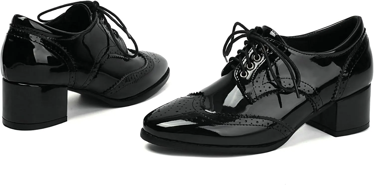 Meefit Women Lace Up Oxford Shoes Perforated Wingtip Shoes Chunky Heel Brogue Shoes,Round Toe Saddle Oxford Shoes