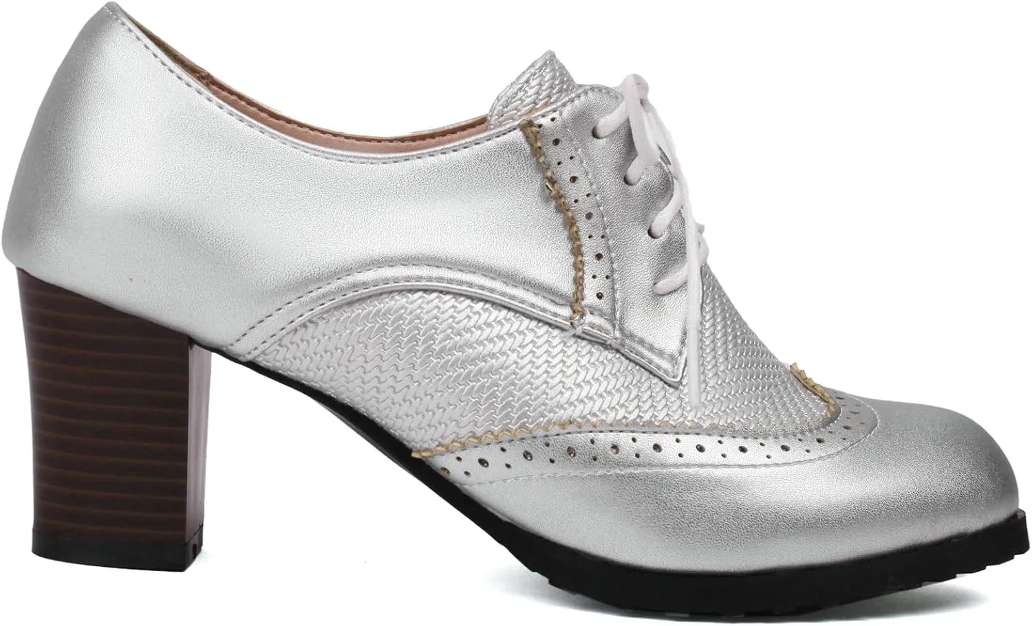 Meefit Women Lace Up Oxford Shoes Perforated Wingtip Shoes Chunky Heel Brogue Shoes,Round Toe Saddle Oxford Shoes