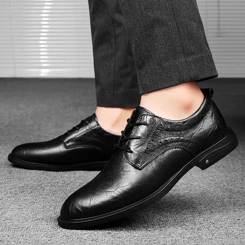 Men Anti-Slip Low Top Oxfords Classic Black Versatile Casual Leather Shoes Modern Office Formal Brogue Shoes