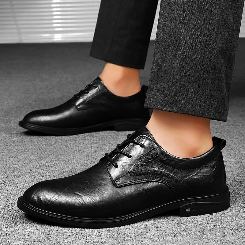 Men Anti-Slip Low Top Oxfords Classic Black Versatile Casual Leather Shoes Modern Office Formal Brogue Shoes