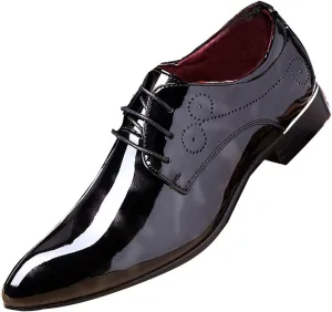 Men Fashion Dress Business Shoe Pointed Toe Floral Patent Leather Lace Up Oxford Black Brown Red Grey