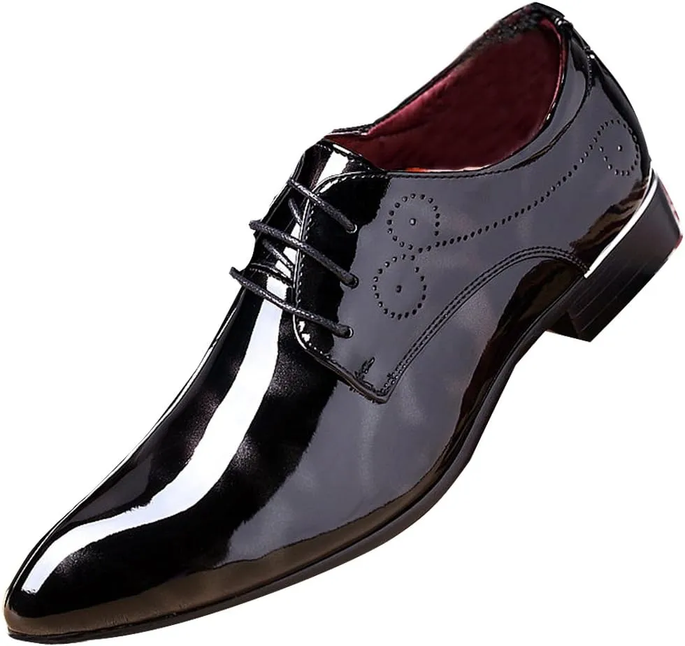 Men Fashion Dress Business Shoe Pointed Toe Floral Patent Leather Lace Up Oxford Black Brown Red Grey