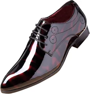 Men Fashion Dress Business Shoe Pointed Toe Floral Patent Leather Lace Up Oxford Black Brown Red Grey