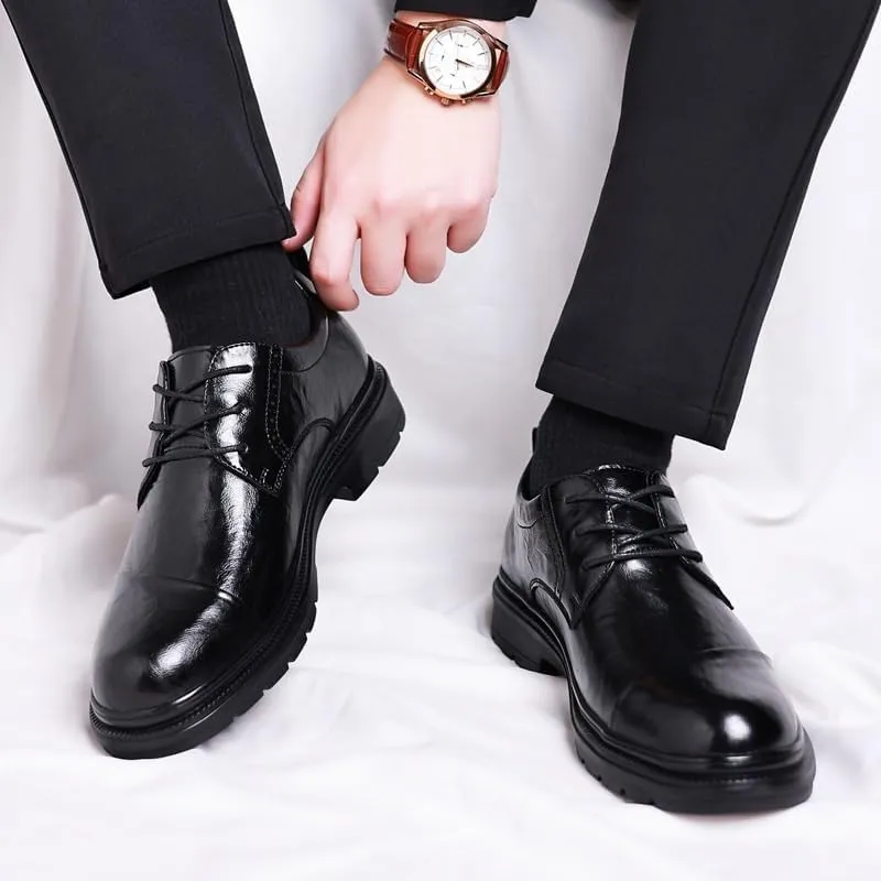 Men's Breathable Business Derby Men Leather Lace Up Platform Block Heel Comfortable Oxford Shoes