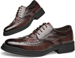 Men's Brogue Luxury Dress Crocodile Oxford Shoe Cowhide Leather Texture Lace-Up Wing Tip Classic Business Wedding Derby Shoes (Brown,10,Men,10)