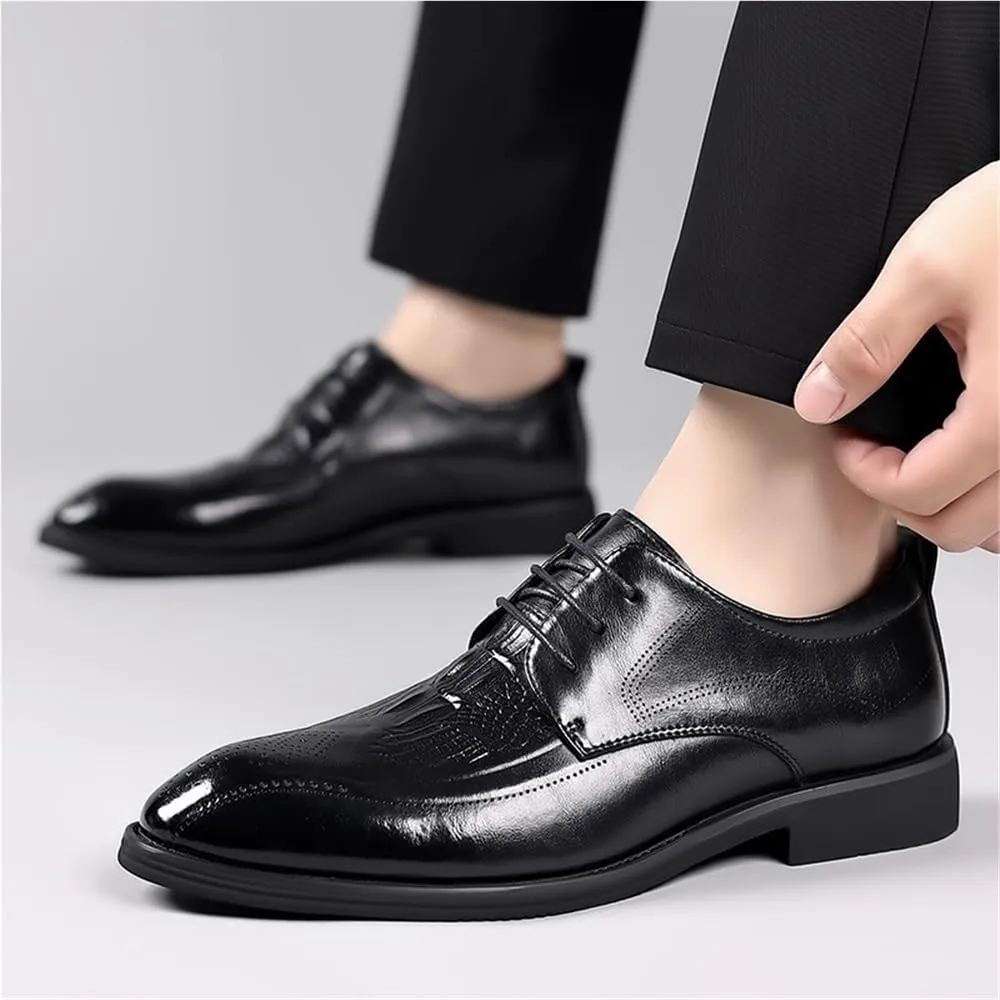 Mens Brogue Oxford Shoes Crocodile Print Leather Lace Up Formal Dress Round Toe Anti Slip Rubber Sole