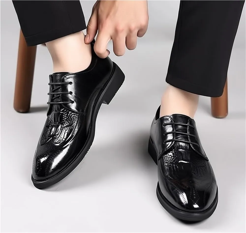 Mens Brogue Oxford Shoes Crocodile Print Leather Lace Up Formal Dress Round Toe Anti Slip Rubber Sole