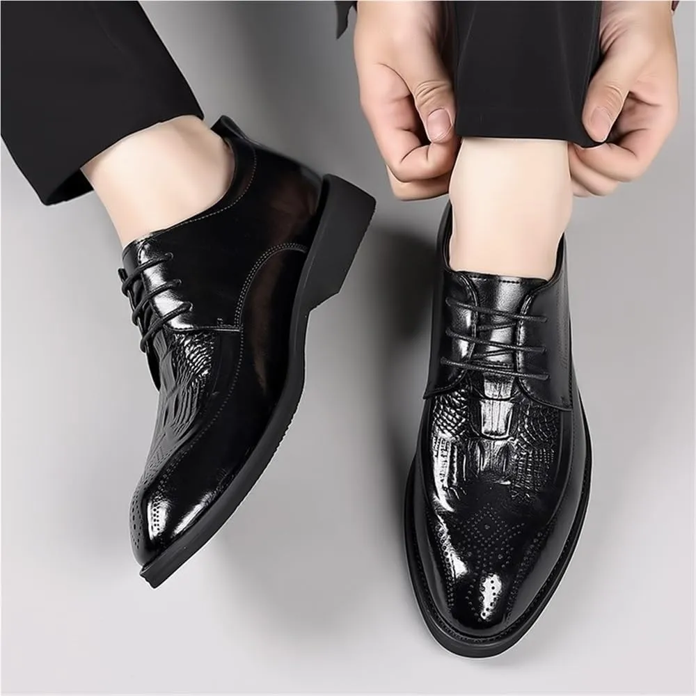 Mens Brogue Oxford Shoes Crocodile Print Leather Lace Up Formal Dress Round Toe Anti Slip Rubber Sole