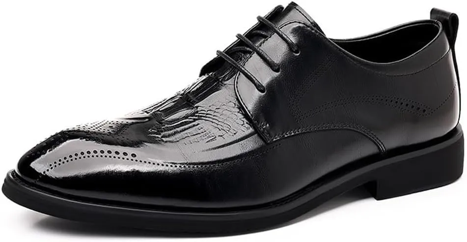 Mens Brogue Oxford Shoes Crocodile Print Leather Lace Up Formal Dress Round Toe Anti Slip Rubber Sole