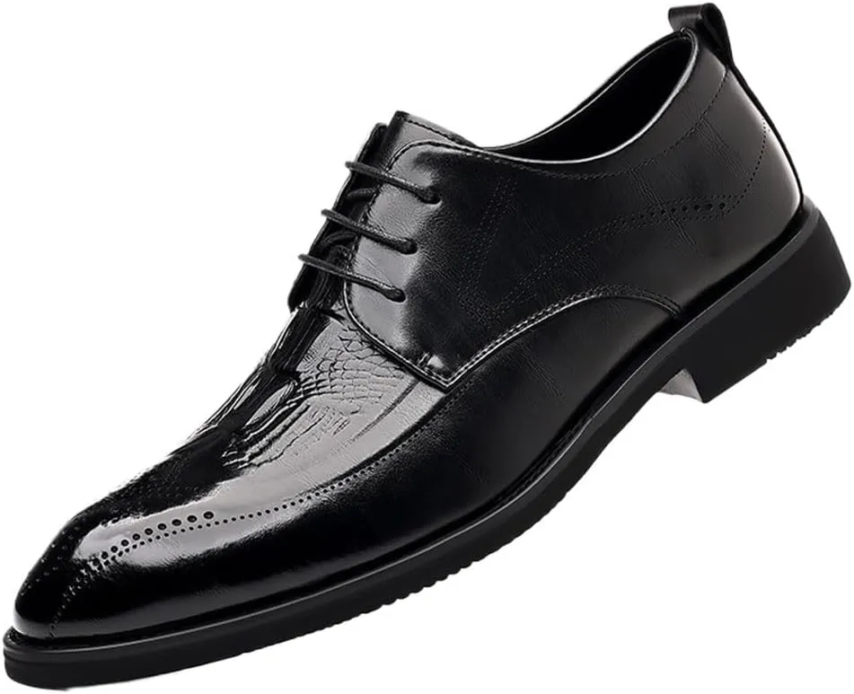 Mens Brogue Oxford Shoes Crocodile Print Leather Lace Up Formal Dress Round Toe Anti Slip Rubber Sole