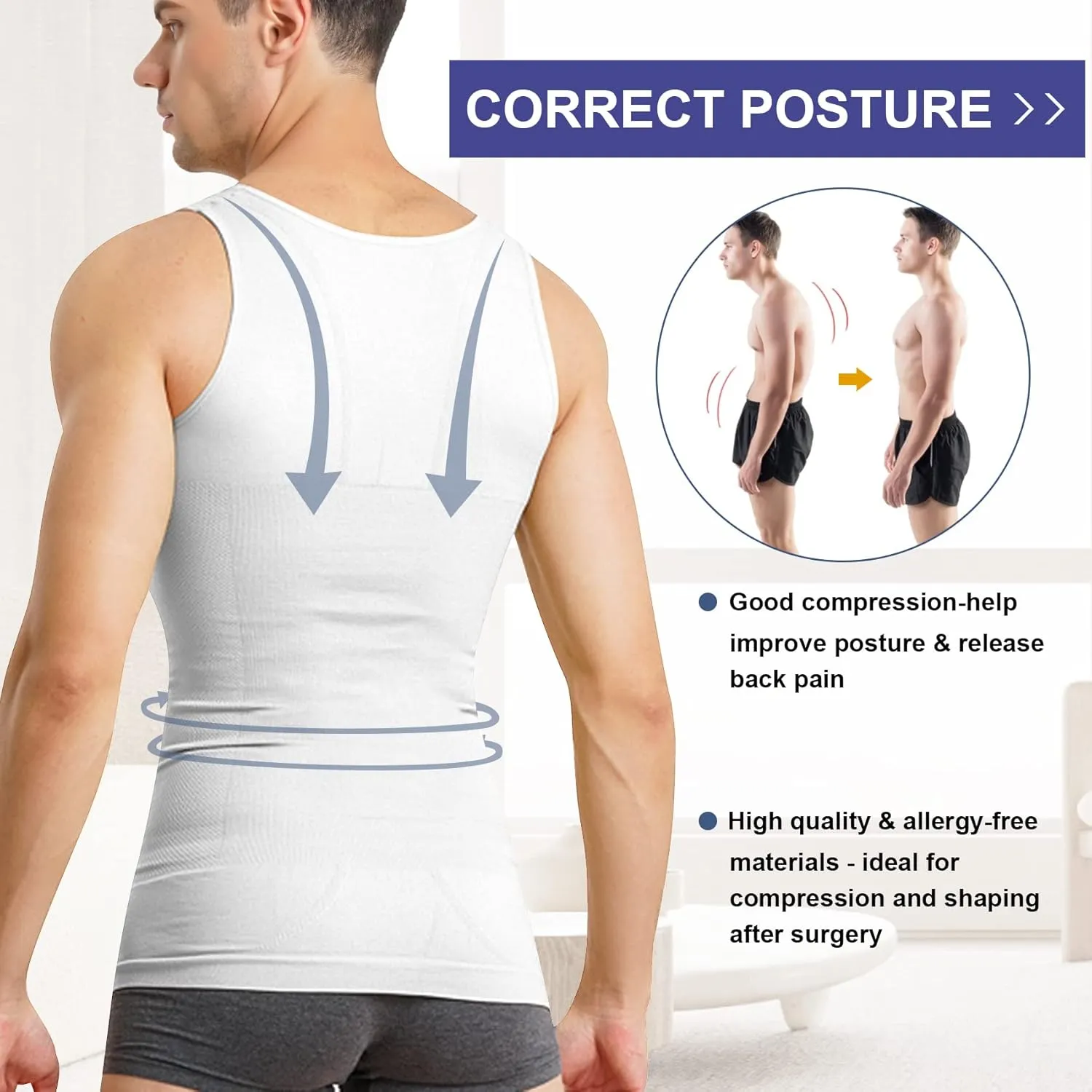 Mens Compression Shirt Slimming Body Shaper Vest Sleeveless Waist Trainer Workout Tank Top Tummy Control Shapewear