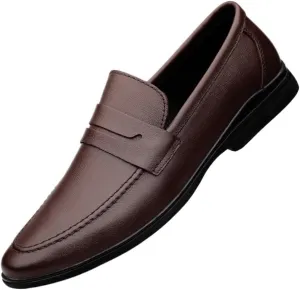 Men's Dress Oxford Slip-On Shoes, Apron Toe, Black Cowhide, Burnished Round Toe, Anti-Slip Rubber Block Heel, Comfortable Walking