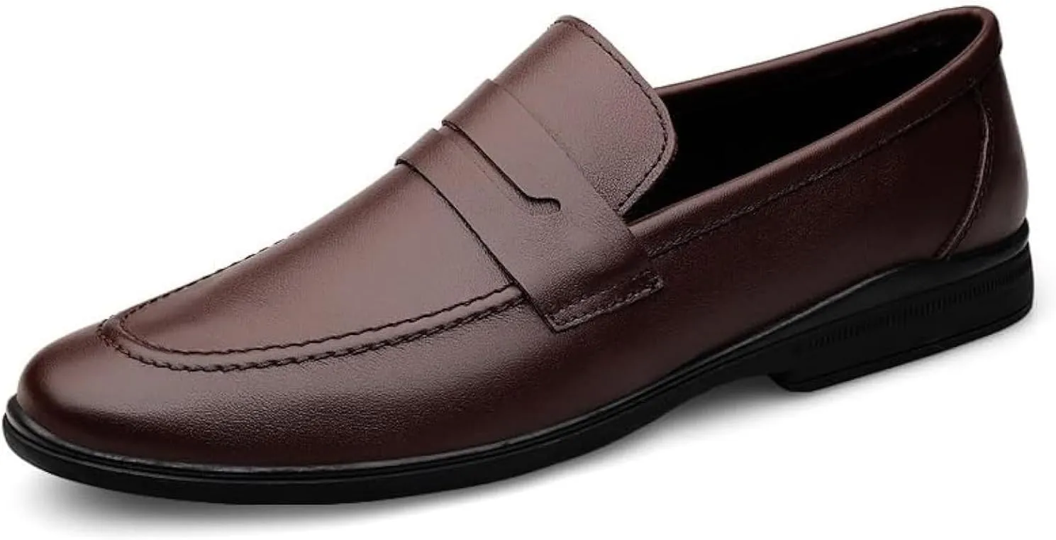 Men's Dress Oxford Slip-On Shoes, Apron Toe, Black Cowhide, Burnished Round Toe, Anti-Slip Rubber Block Heel, Comfortable Walking
